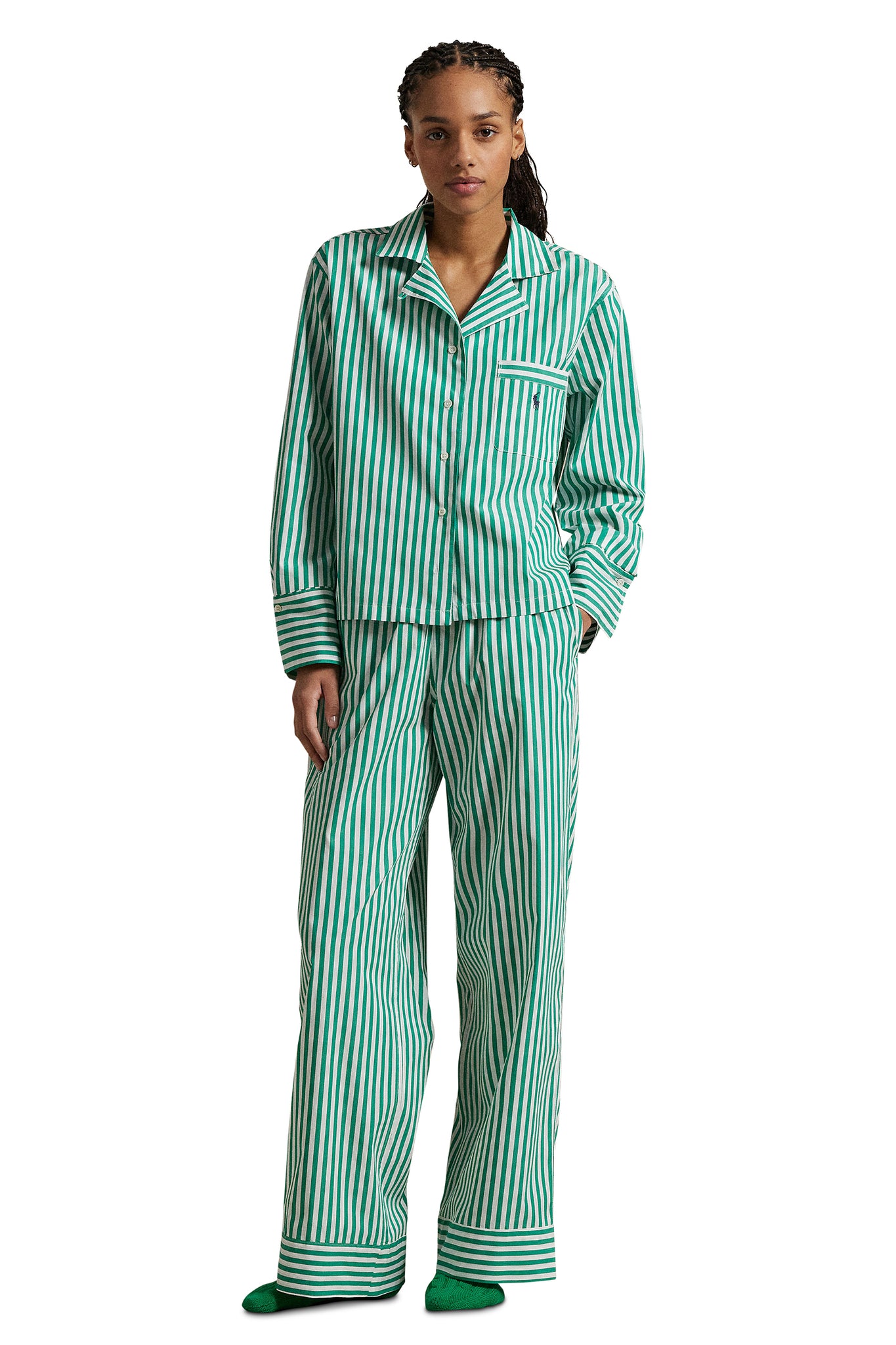 POLO RALPH LAUREN- 2 PC LONG SLEEVE PJ SET POPLIN- P8004- VINE BREEN/WHITE CLOUD