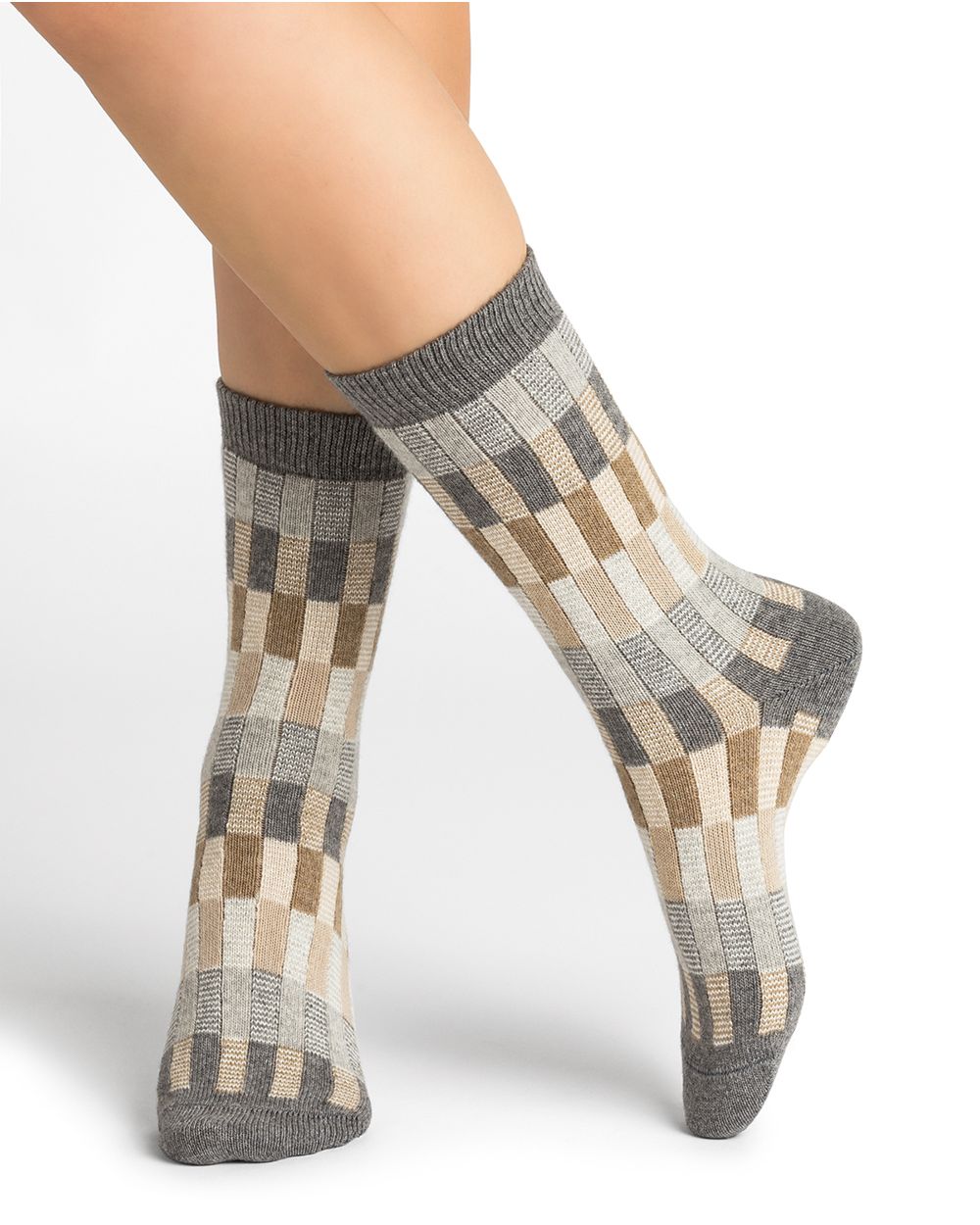 Bleuforet 6453 Multicoloured Checked Cashmere Socks- Blue/Grey