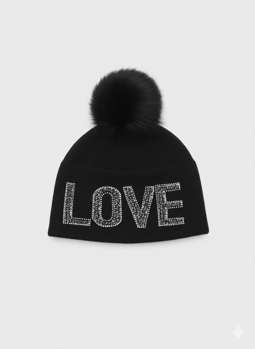 Mitchie's Knit "Love" beanie w/ Crystals & Fox Pom- HTAN80