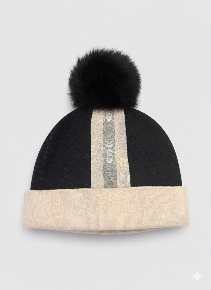 Mitchie's Knitted Hat w/ Lurex Bee Line &Fox Pom- HTME09