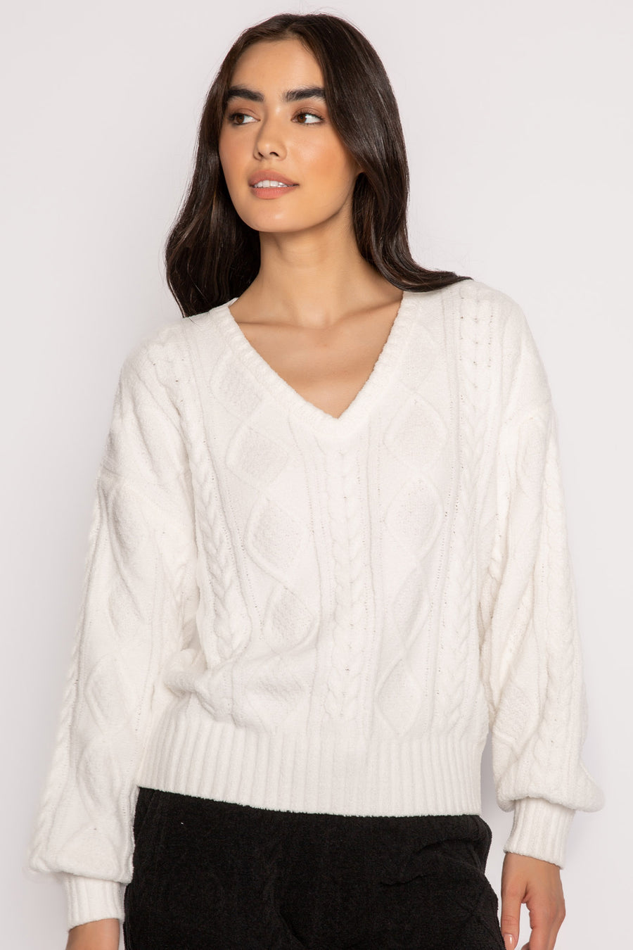 PJ SALVAGE CABLE CREW LOUNGE LONG SLEEVE TOP- IVORY/BLACK-RKCLLS
