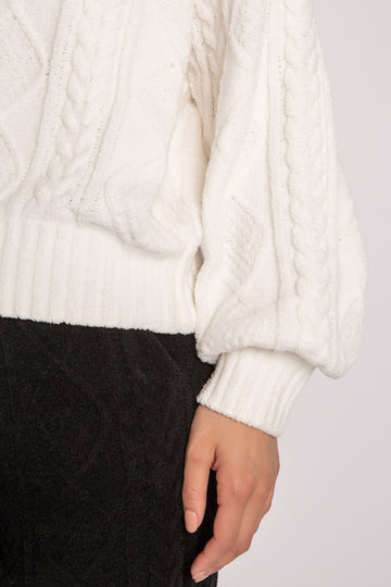 PJ SALVAGE CABLE CREW LOUNGE LONG SLEEVE TOP- IVORY/BLACK-RKCLLS