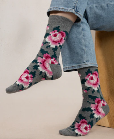 Bleuforet-Pixel Flower Pattern Socks-6490