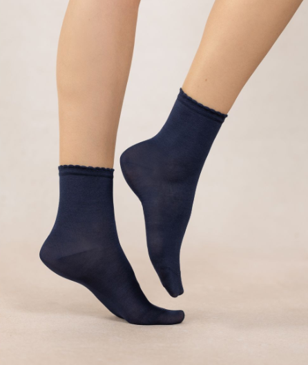 Bleuforet-Plain Short Lisle Socks With Crinkle Trim-6401