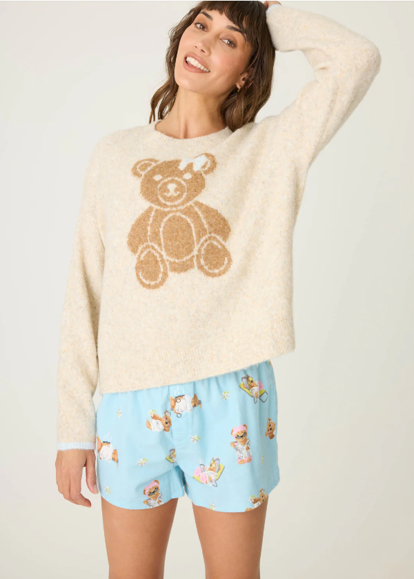 PJ Salvage - Teddy Bear Graphic Snuggle Sweater - RUFLLS Light Oatmeal