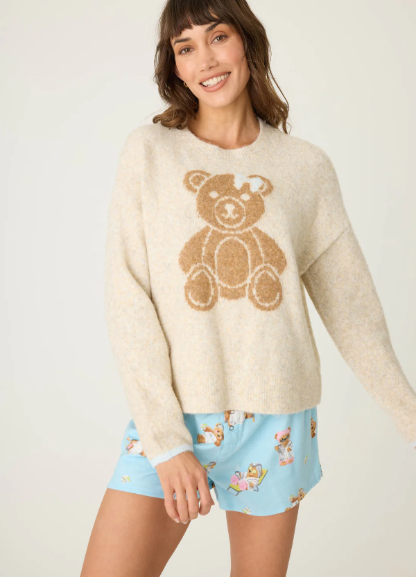 PJ Salvage - Teddy Bear Graphic Snuggle Sweater - RUFLLS Light Oatmeal