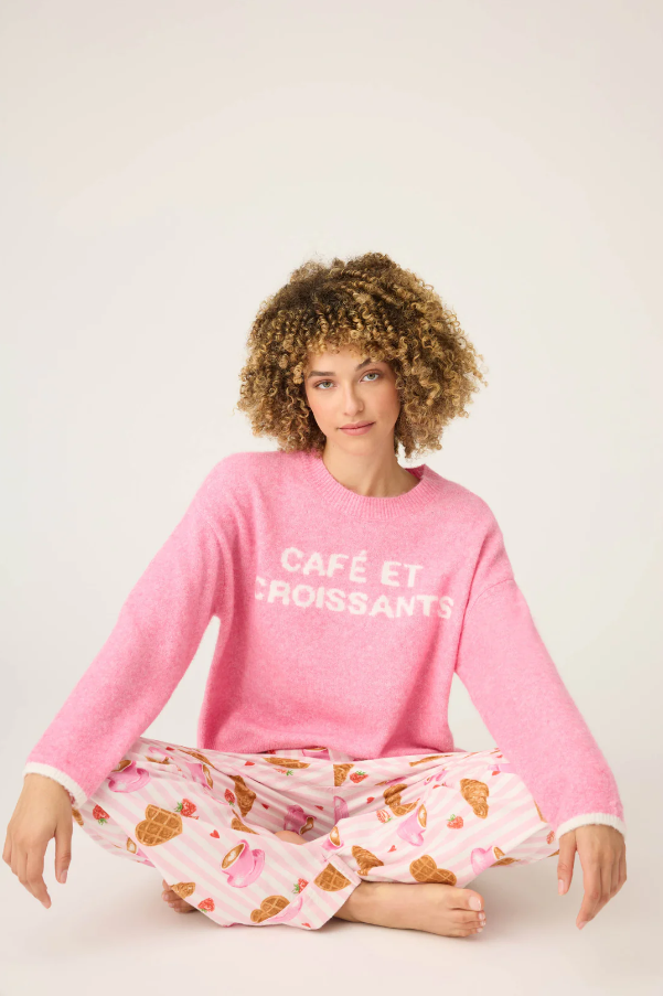 PJ Salvage - Cafe Et Croissants Snuggle Sweater - RUFLLS Bright Pink