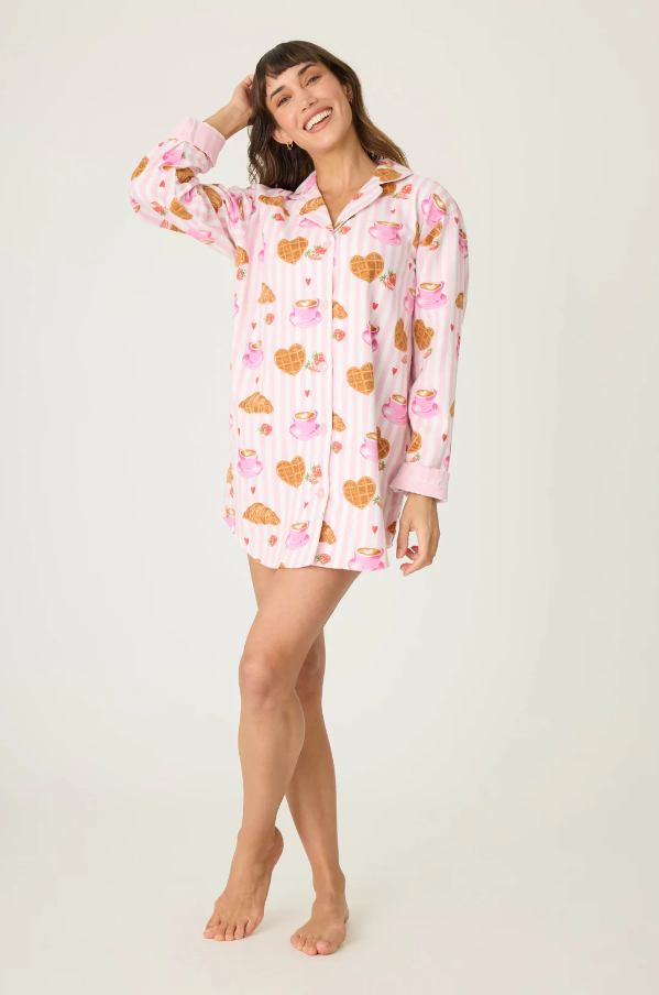 PJ Salvage - Brunch Club Breakfast Print Night Shirt - RUFLNS Pink