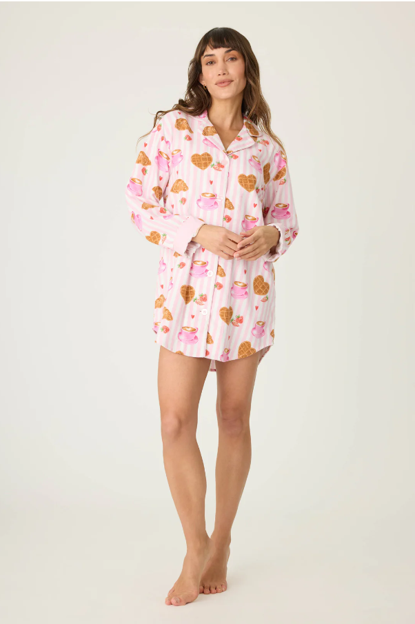 PJ Salvage - Brunch Club Breakfast Print Night Shirt - RUFLNS Pink