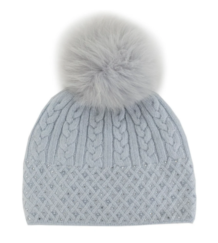 Mitchie's Cable Knit Sparkle Hat w/ Crystals & Fox Pom- HTAN65