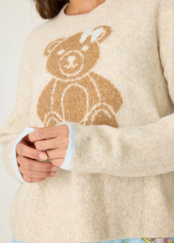 PJ Salvage - Teddy Bear Graphic Snuggle Sweater - RUFLLS Light Oatmeal