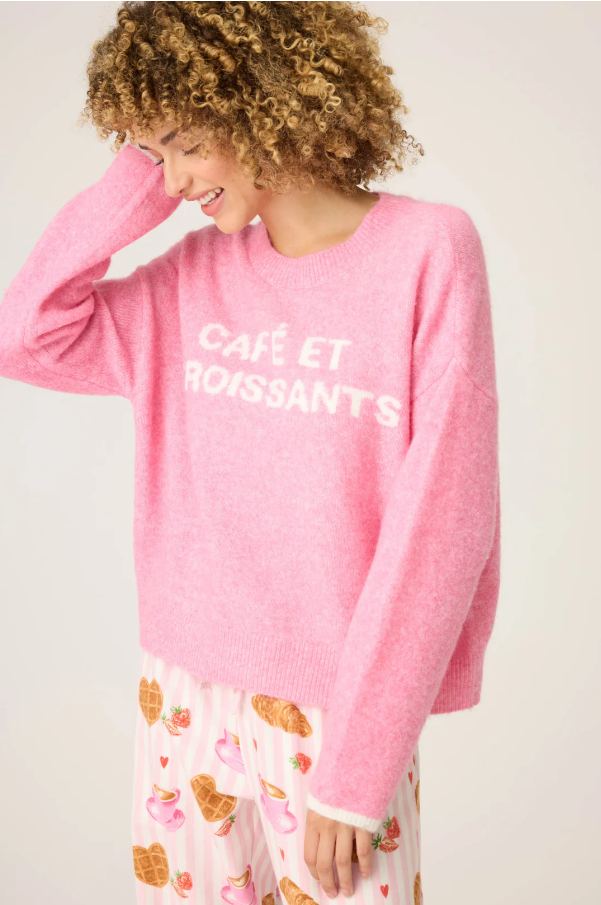 PJ Salvage - Cafe Et Croissants Snuggle Sweater - RUFLLS Bright Pink