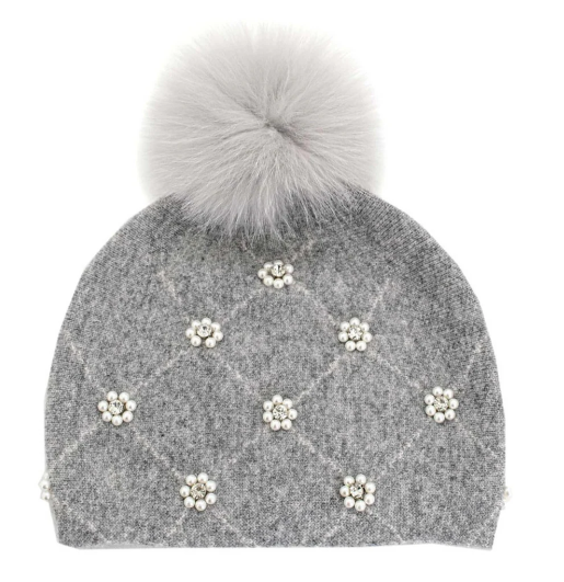 Mitchie's Knitted Hat with Flower Beads and Fox Fur Pom Pom -HTIM86