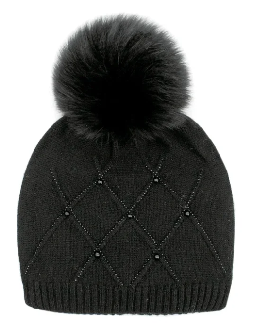 Mitchie's Knitted Hat with crystals and diamond weave w Fox pom pom - HTIM78