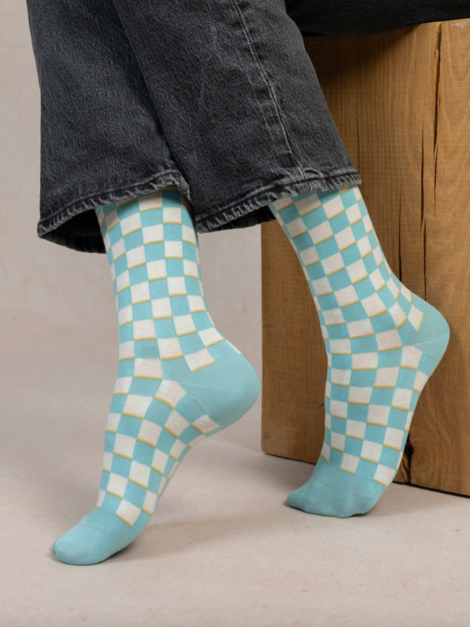 Blueforet check pattern socks- 6538- Sky/Mandrine
