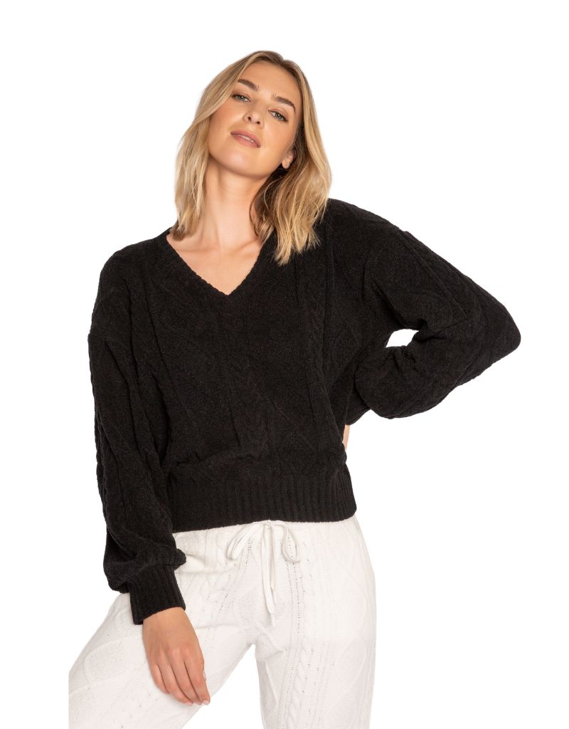 PJ SALVAGE CABLE CREW LOUNGE LONG SLEEVE TOP- IVORY/BLACK-RKCLLS