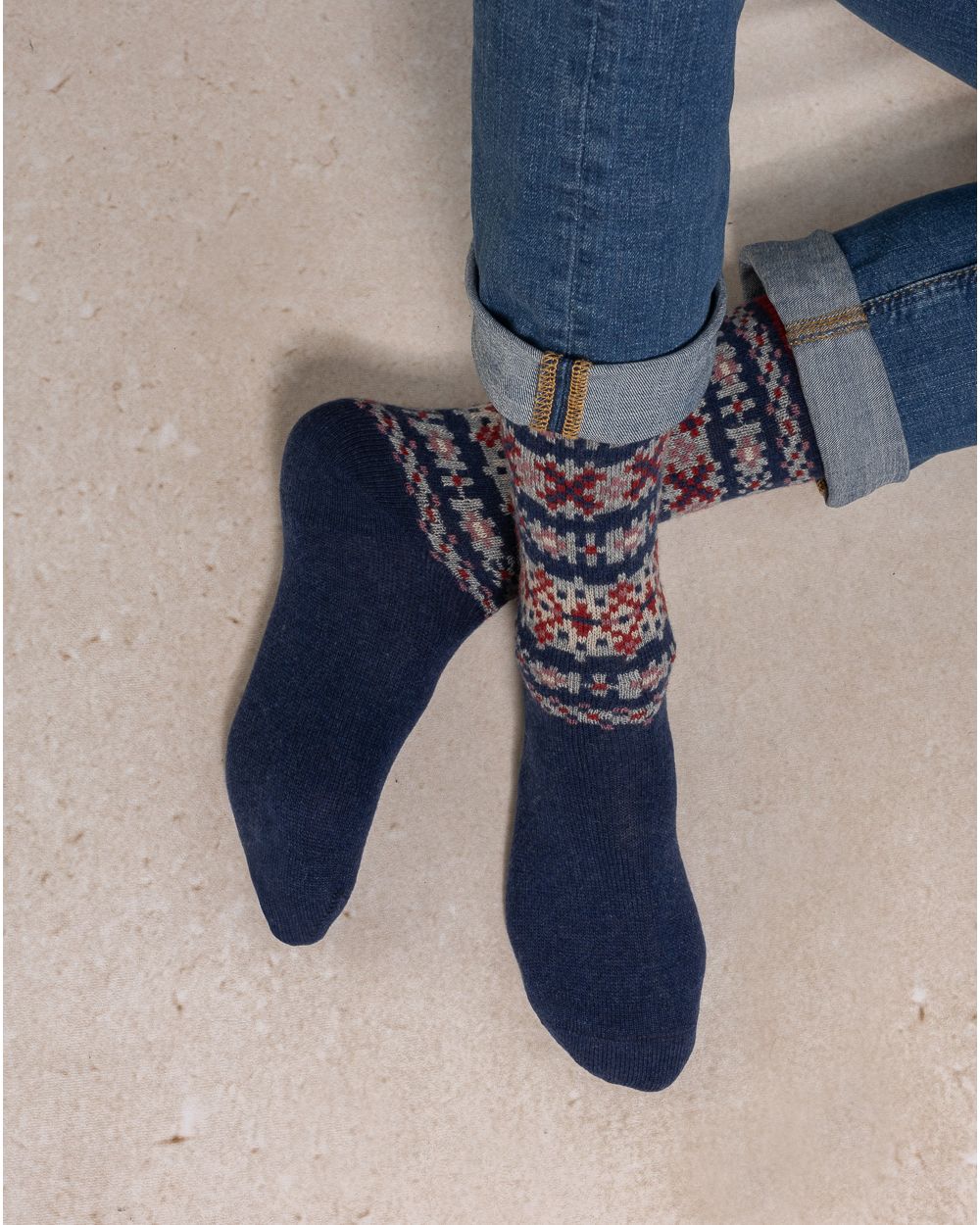 BLEUFORET wool & cashmere socks with jaquard pattern- Khakhi/Amiral/Cobalt- 7100
