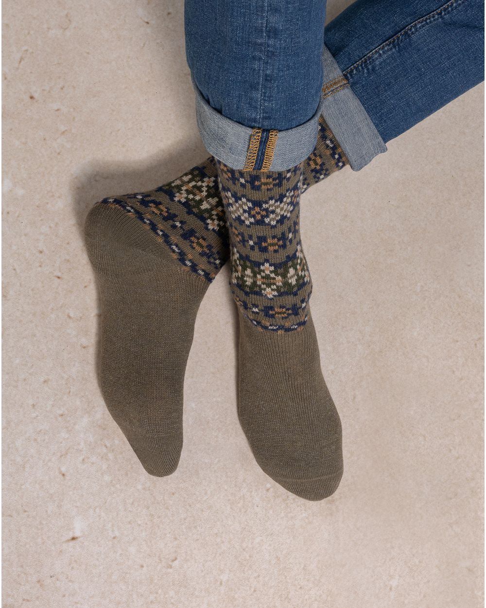 BLEUFORET wool & cashmere socks with jaquard pattern- Khakhi/Amiral/Cobalt- 7100
