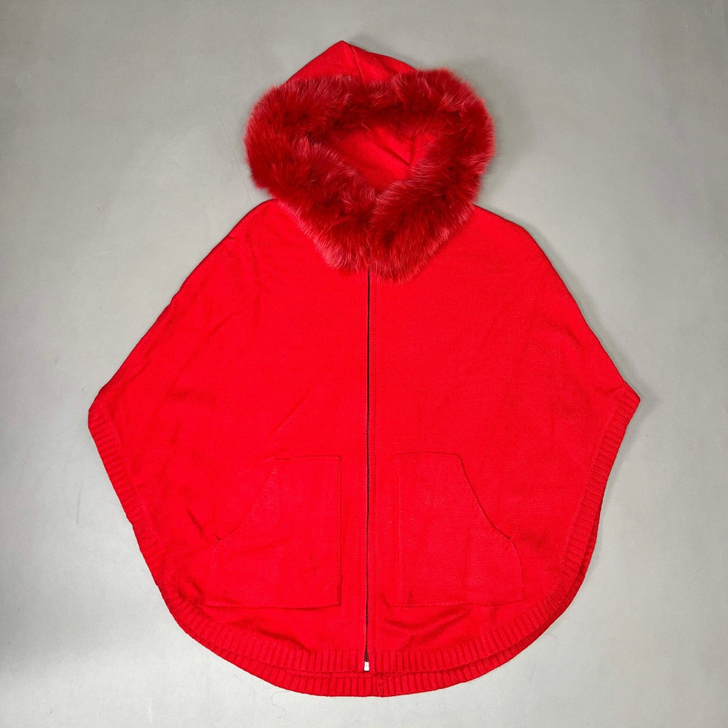 MITCHES Knit Zip up Poncho w/ Fur Trimmed Hood Womens- OS Red