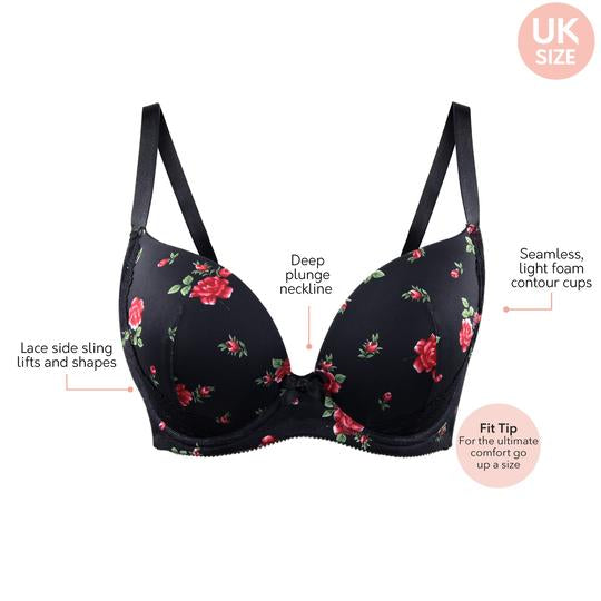Parfait Casey Plunge Molded T-Shirt Bra 2801 - Black w/ Rose Print