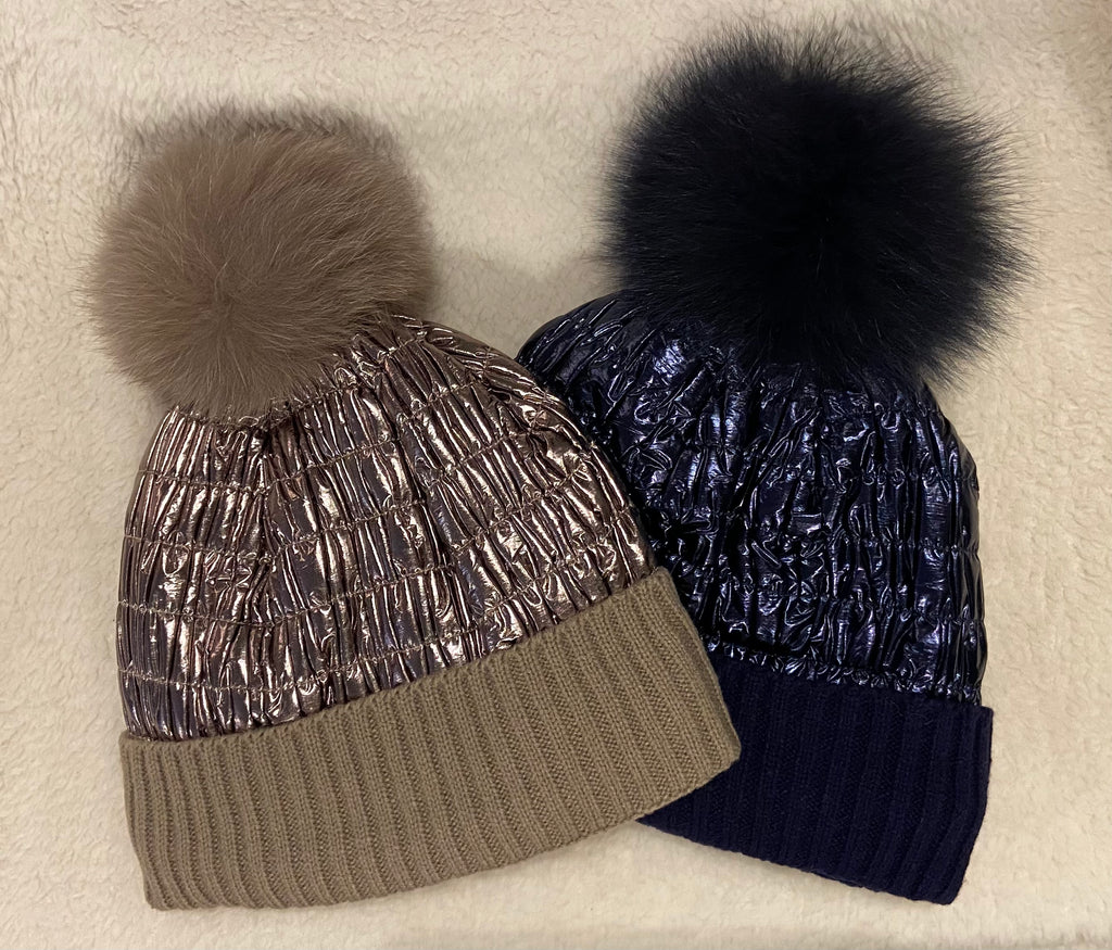 Mitchie's Knitted Hat with Nylon Quilting and Fox Fur Pom Pom