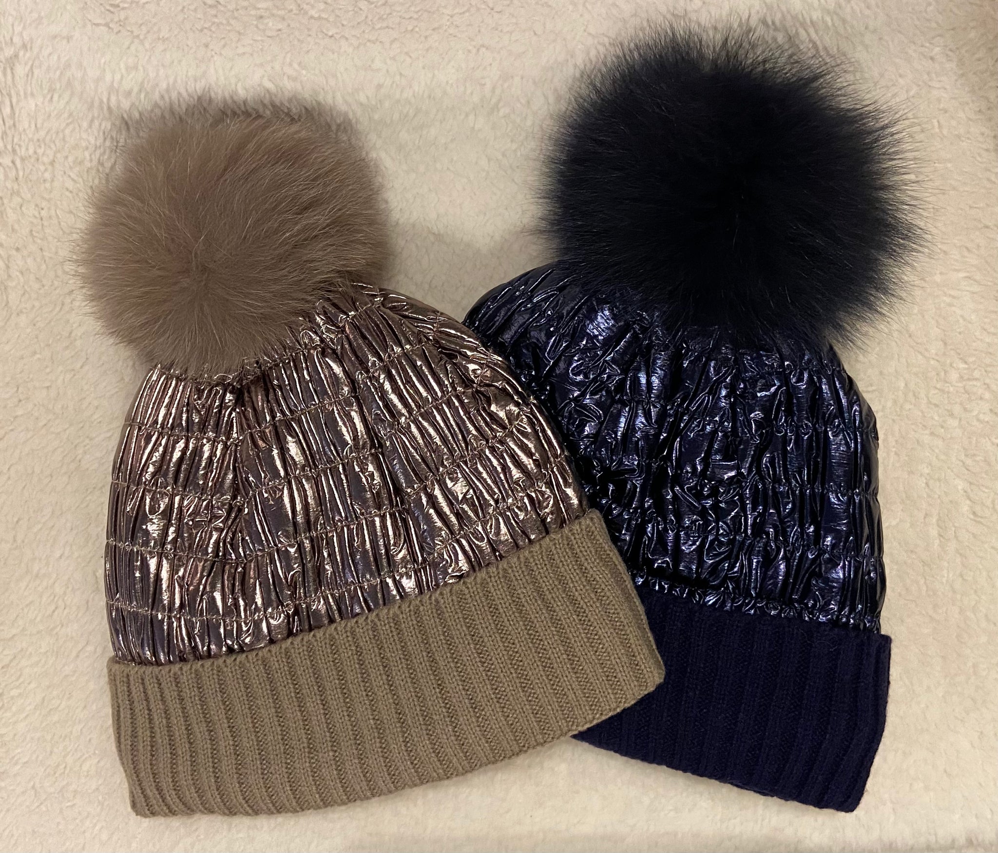 Mitchie's Knitted Hat with Nylon Quilting and Fox Fur Pom Pom