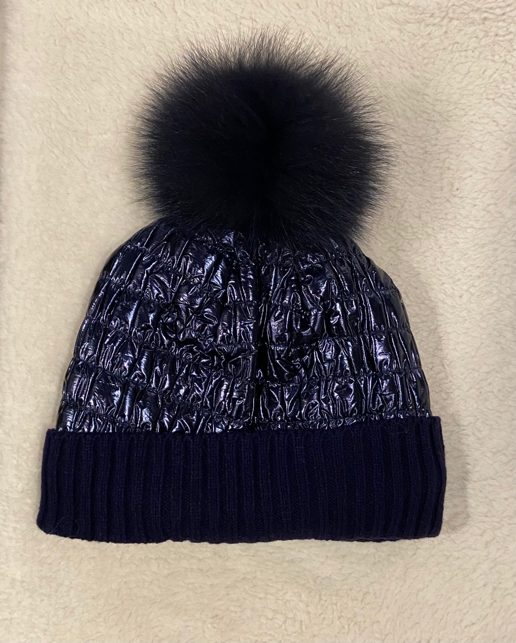 Mitchie's Knitted Hat with Nylon Quilting and Fox Fur Pom Pom