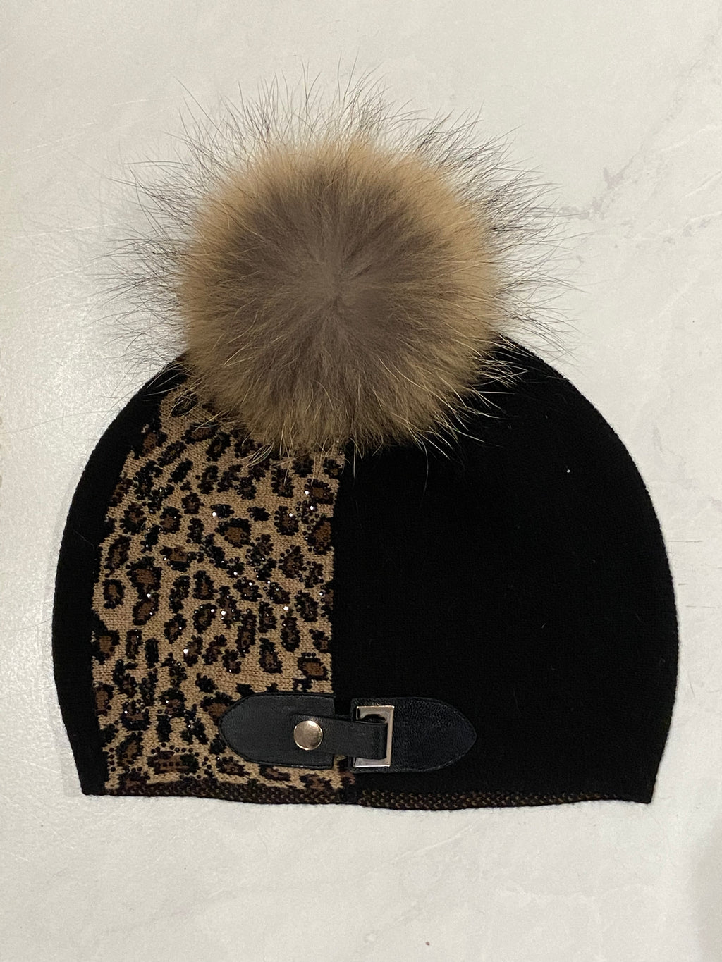 Mitchie's Animal Print Knitted Hat with Raccoon Fur Pom Pom- HTIM87