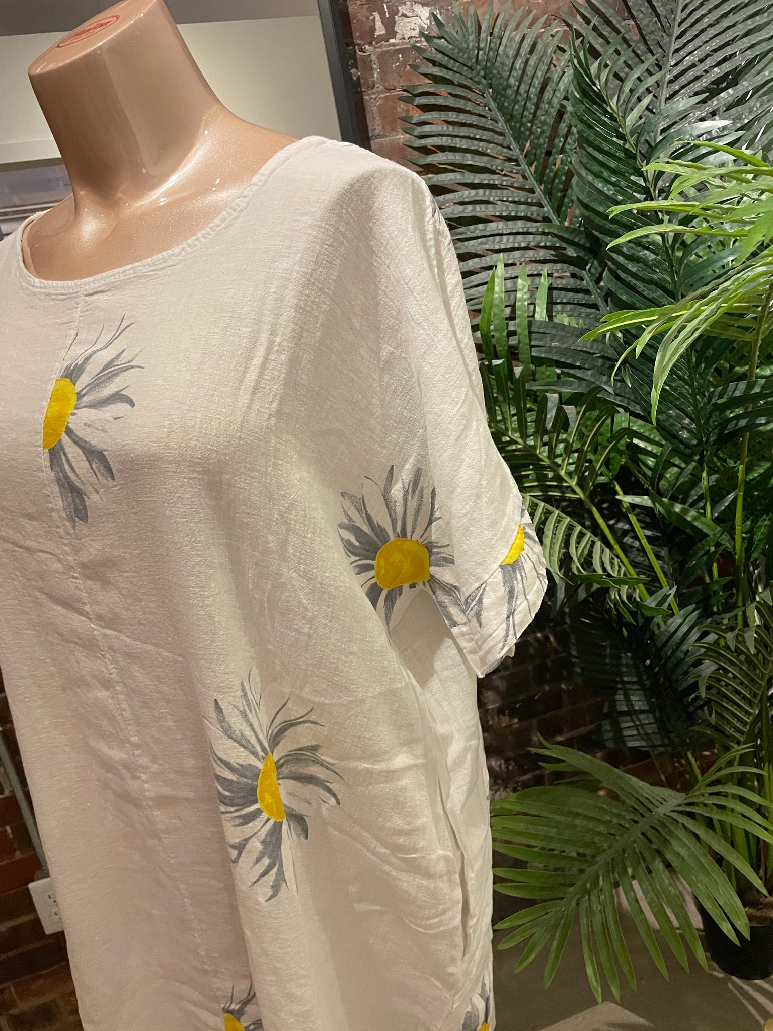 Plum Loco 100% Linen Daisy Print Dress-GM30262