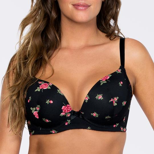 Parfait Casey Plunge Molded T-Shirt Bra 2801 - Black w/ Rose Print
