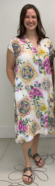 GM30383-Plum Loco 100% Linen Cap sleeve Mandela Flower Print